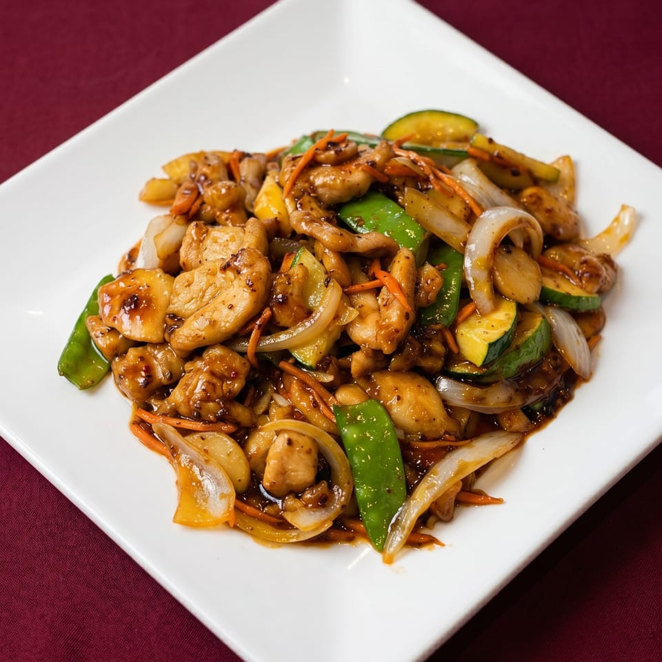 Chicken stir-fry with zucchini, onions, carrots, and snow peas in a dark sauce on a white plate.