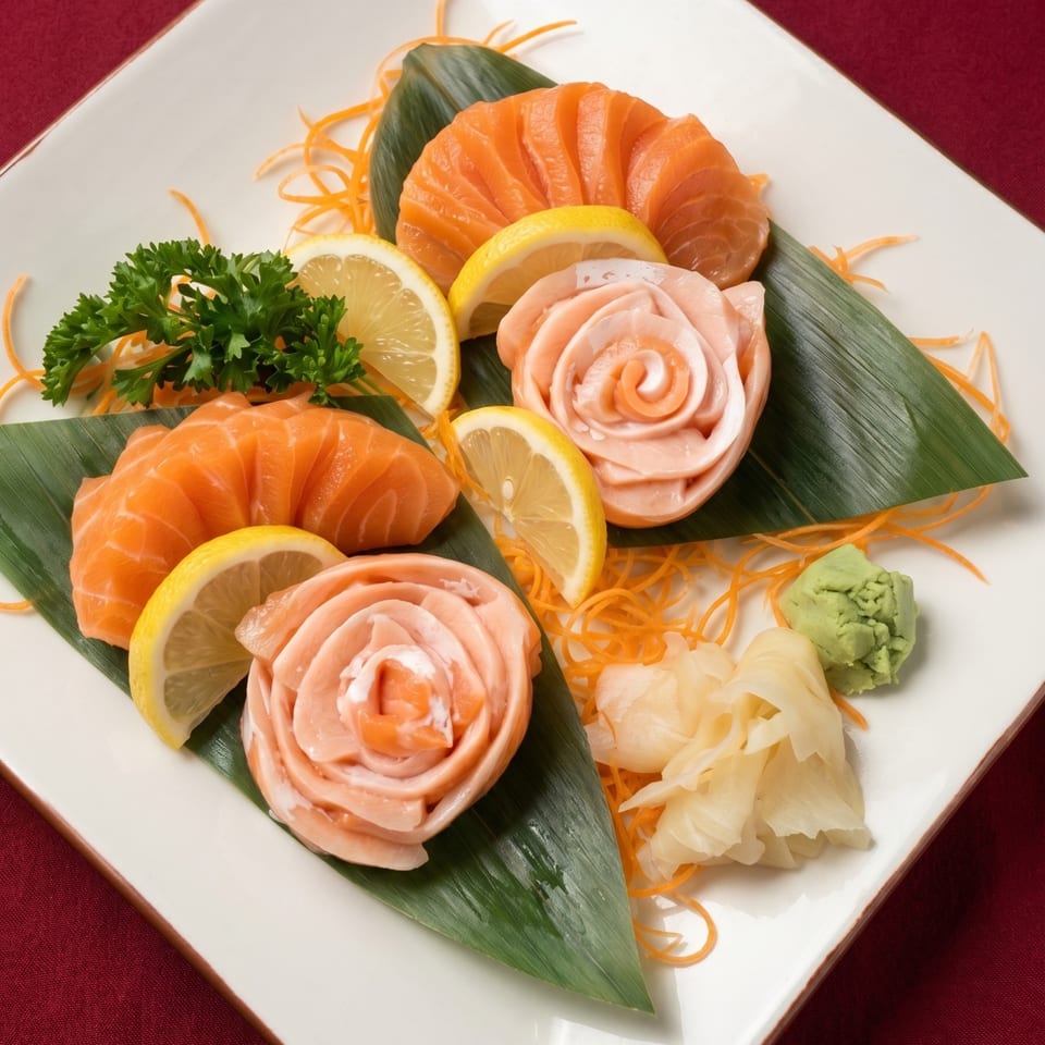 Salmon sashimi and salmon roses with lemon, parsley, ginger, and wasabi on a white plate.
