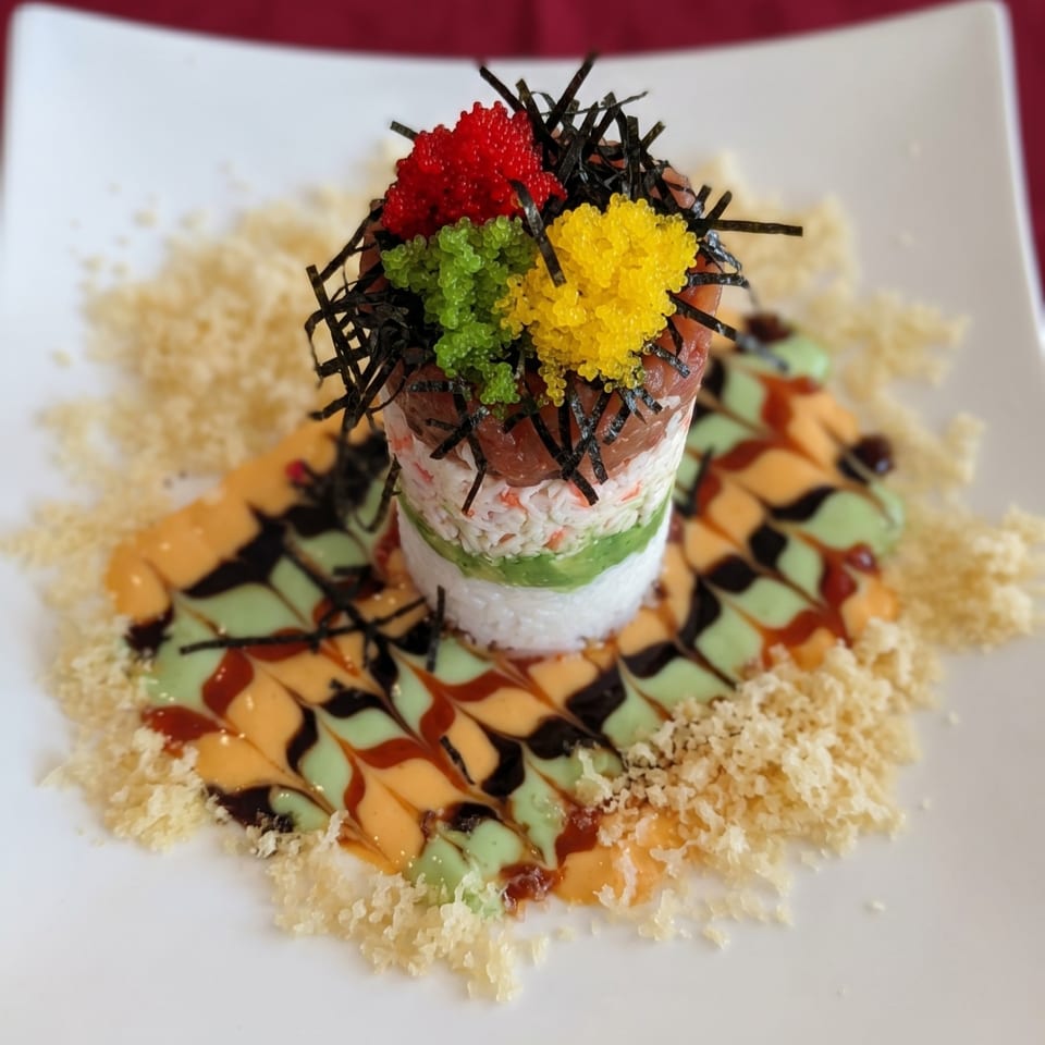 A colorful sushi tower with red, green, and yellow roe, seaweed, and sauces on a white plate.